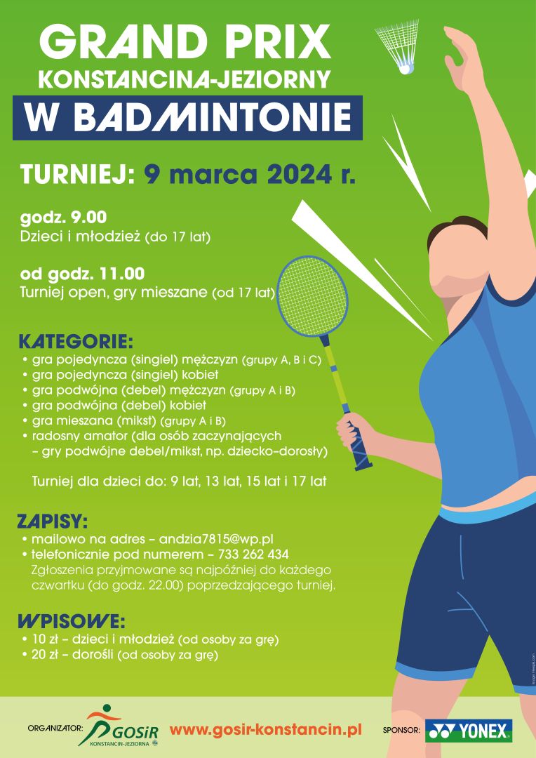 Plakat promujący Grand Prix w badmintonie, treść jest w artykule