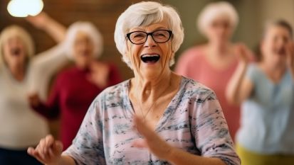 Uśmiechnięta starsza kobieta podczas tańca